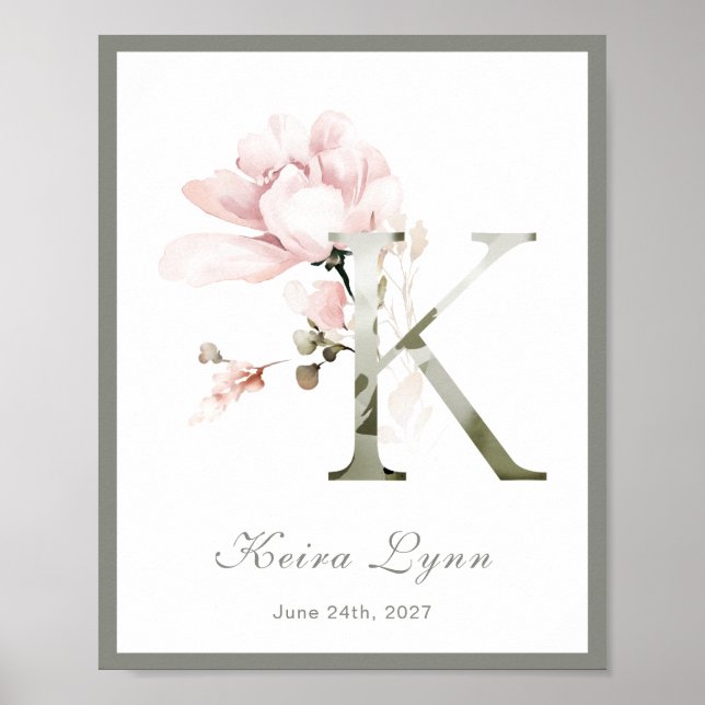 Letter K Monogram Pink White Floral Kinderzimmer P Poster (Vorne)