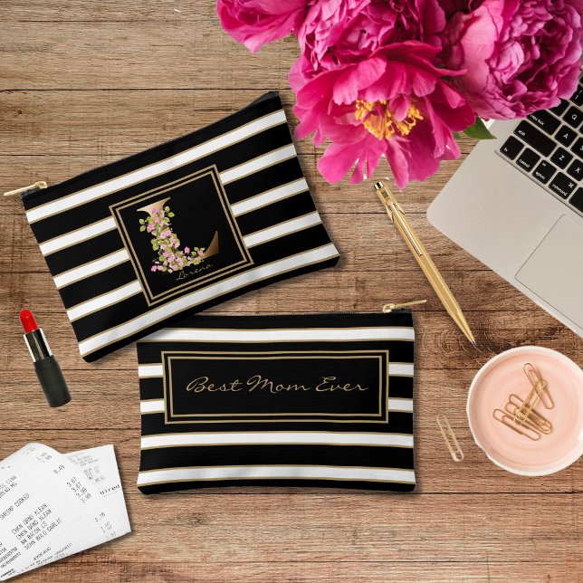 Letter L Floral Monogram Schwarz-weiße Streifen Zubehörtasche (Von Creator hochgeladen)