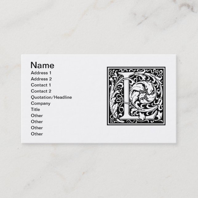Letter L mittelalterliche Monogram Art Nouveau Visitenkarte (Vorderseite)