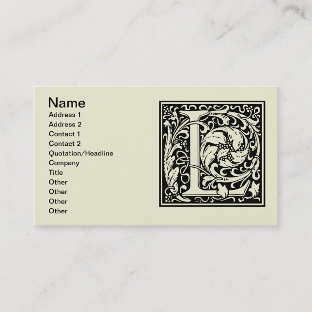 Letter L mittelalterliche Monogram Art Nouveau Visitenkarte (Vorderseite)