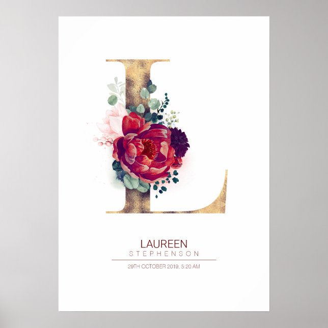 Letter L Monogram Floral Burgundy Red und Gold Poster (Vorne)
