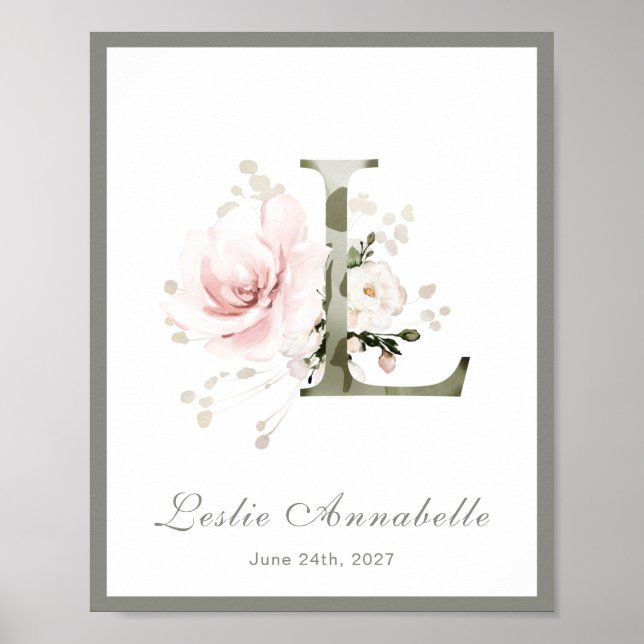 Letter L Monogram Pink White Floral Kinderzimmer P Poster (Vorne)