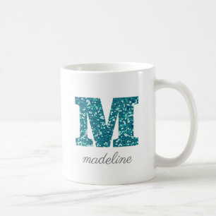 Letter M Aqua Blue Glitzer Persönliche Umarmung Kaffeetasse