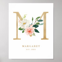 Letter M Blush Floral Monogram Gold Foil Kinderzim