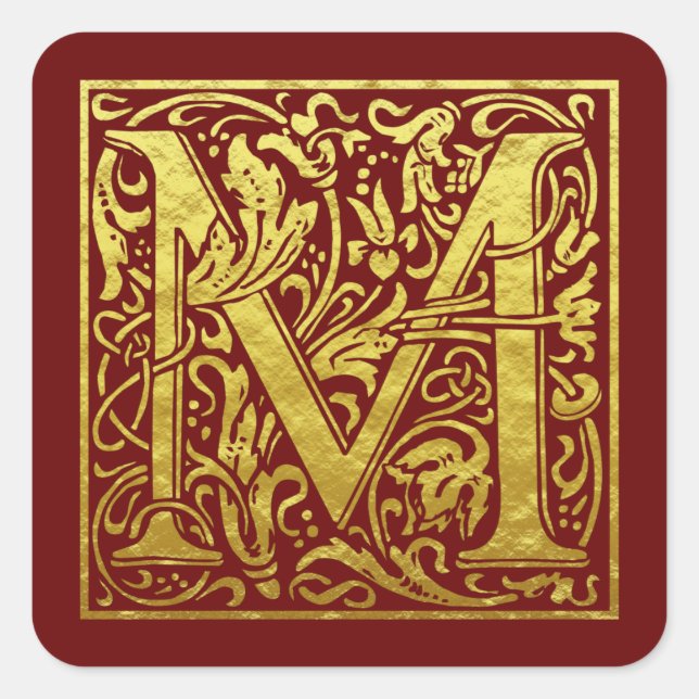 Letter M First Letter Imitats Gold Red Quadratischer Aufkleber (Vorderseite)
