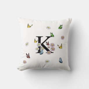 Letter M Floral Butterfly Monogram, Initial Throw Kissen