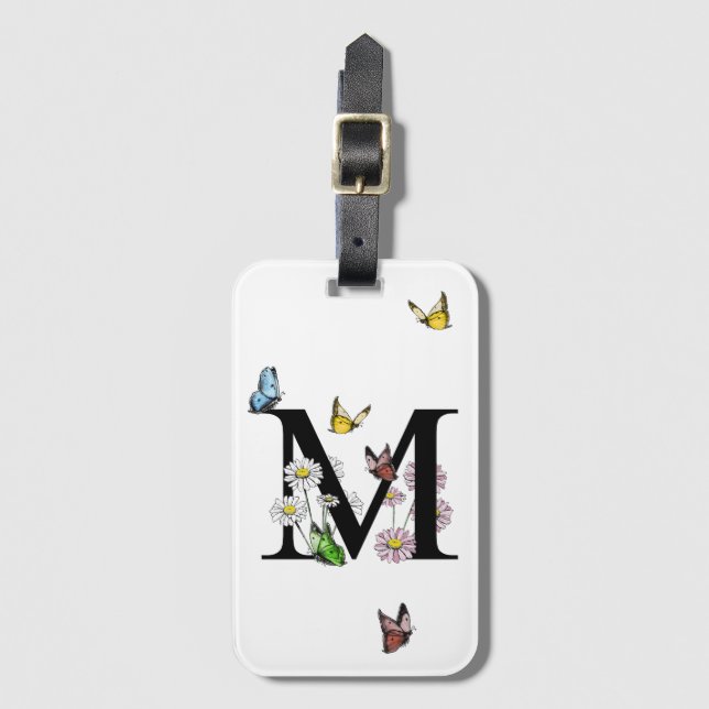 Letter M Floral Butterfly Monogramm Gepäckanhänger (Vorderseite Vertikal)