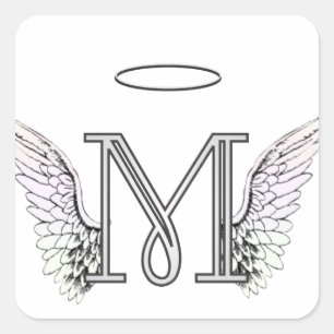 Letter M Initial Monogram mit Angel Wings & Halo Quadratischer Aufkleber