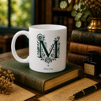 Letter M Linocut Botanical Personalized Mug Kaffeetasse