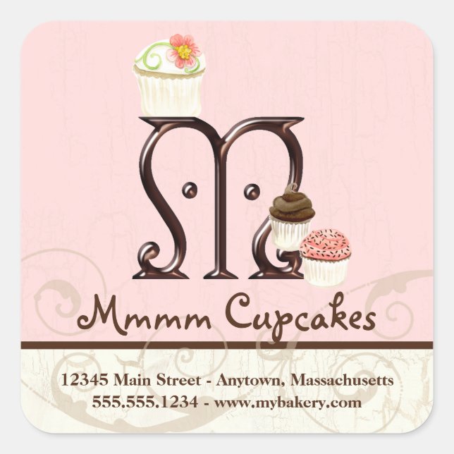 Letter M Monogram Cupcake Logo Business Labels Quadratischer Aufkleber (Vorderseite)