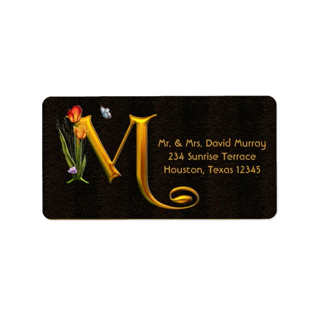 Letter M Monogram Tulips Butterfly Address Labels Adressaufkleber (Vorne)