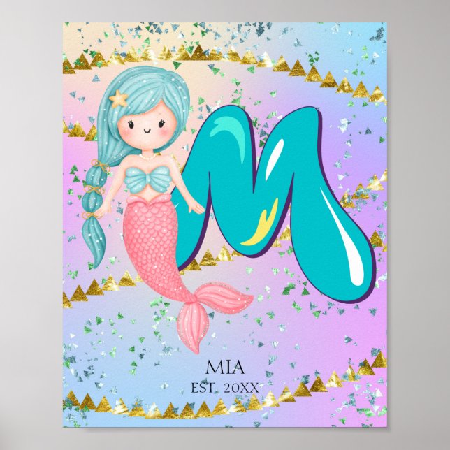 Letter M Monogram Watercolor Niedlich Mermaid Kind Poster (Vorne)