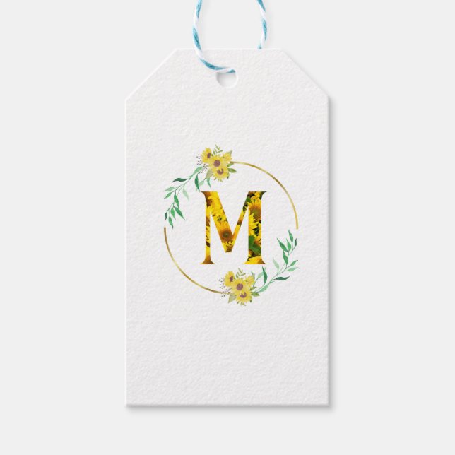 Letter M Sonnenblumenmuster Geschenkanhänger (Vorderseite)