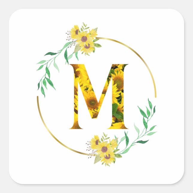 Letter M Sonnenblumenmuster Quadratischer Aufkleber (Vorderseite)