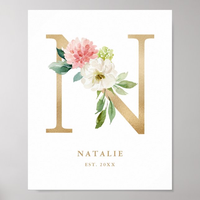 Letter N Blush Floral Monogram Gold Foil Kinderzim Poster (Vorne)