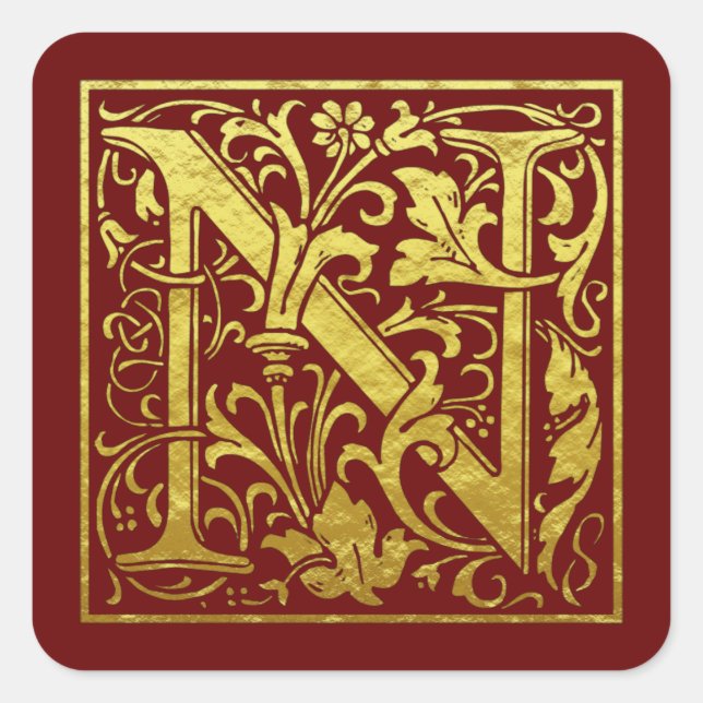 Letter N First Letter Imitats Gold Red Quadratischer Aufkleber (Vorderseite)