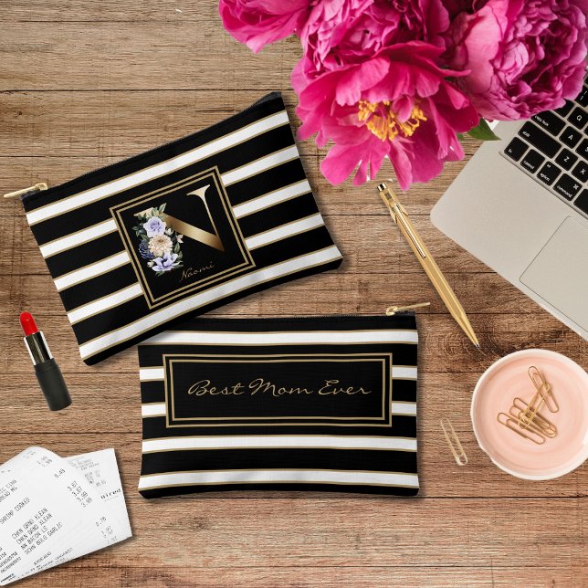 Letter N Floral Monogram Schwarz-weiße Streifen Zubehörtasche (Von Creator hochgeladen)