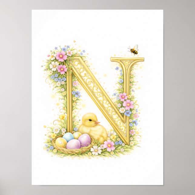 Letter N Gold Spring Nature Monogram Duckling Kids Poster (Vorne)