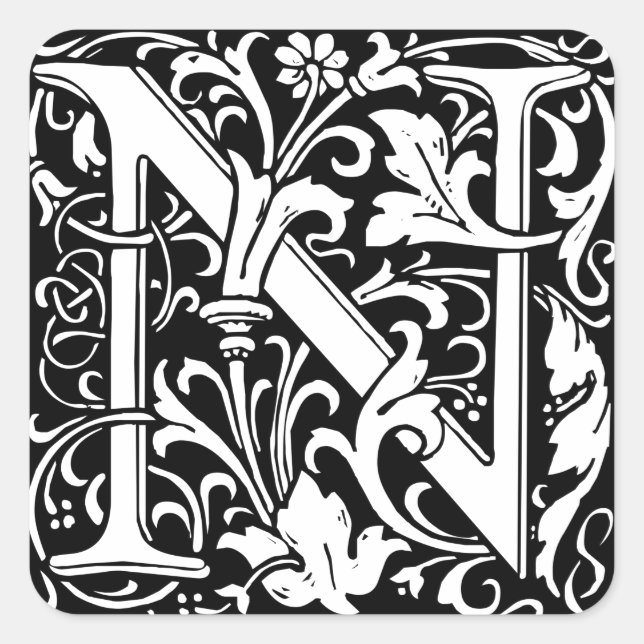 Letter N Mittelalterliche Monogram Art Nouveau Quadratischer Aufkleber (Vorderseite)