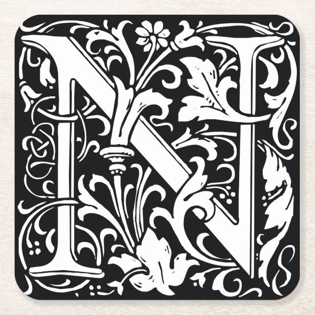 Letter N Mittelalterliche Monogram Art Nouveau Rechteckiger Pappuntersetzer (Vorderseite)