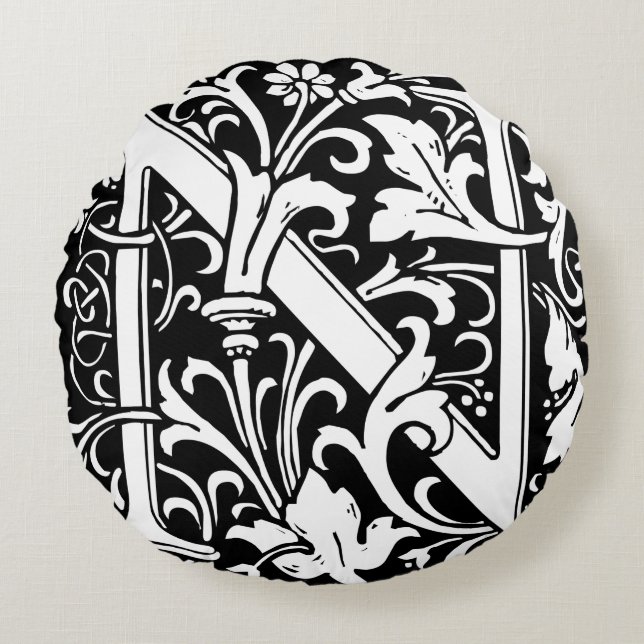 Letter N Mittelalterliche Monogram Art Nouveau Rundes Kissen (Vorderseite)