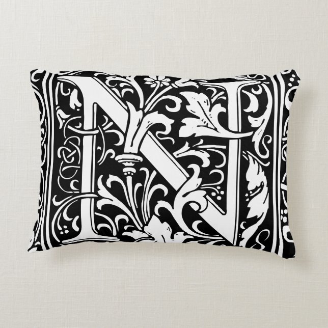 Letter N Mittelalterliche Monogram Art Nouveau Zierkissen (Rückseite)