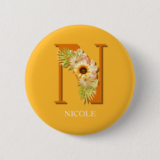 Letter N Sunflower Monogram mit Name Button (Vorderseite)