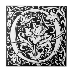 Letter O Art Nouveau Schwarz/Weiß Tile Fliese