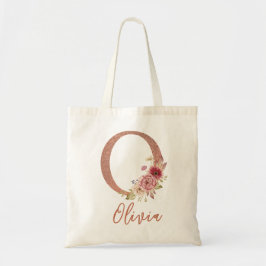 Letter O Blush rosa Glitzer Floral Monogram Tragetasche