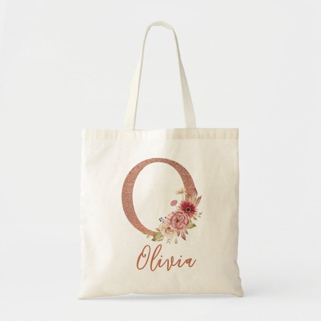 Letter O Blush rosa Glitzer Floral Monogram Tragetasche (Vorne)