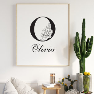 Letter O Floral Modern Black Monogram Kinderzimmer Poster