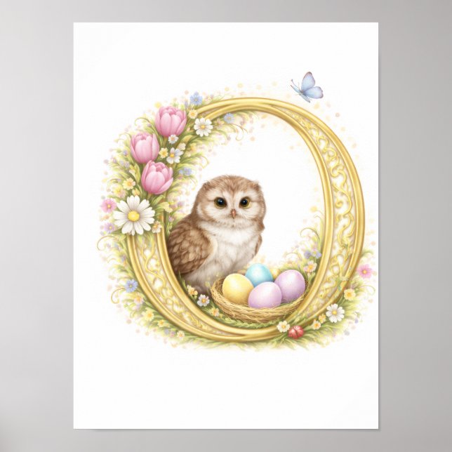 Letter O Gold Spring Nature Monogram Owl Kids Poster (Vorne)