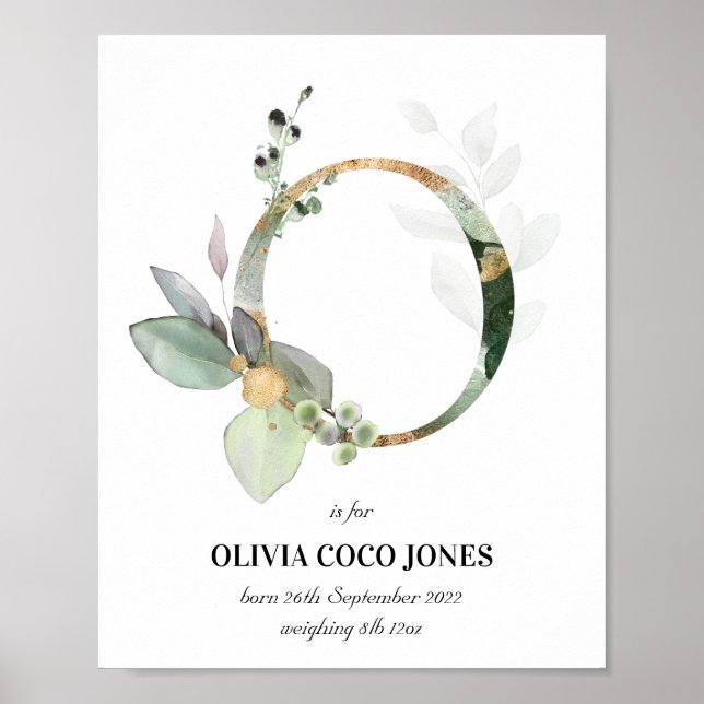 Letter O New Baby Monogram Birth Print Green Poster (Vorne)