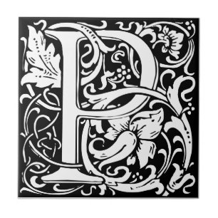 Letter P art nouveau schwarz-weiß Tile Fliese