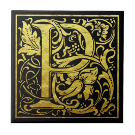 Letter P First Letter Imitate Gold Black Fliese