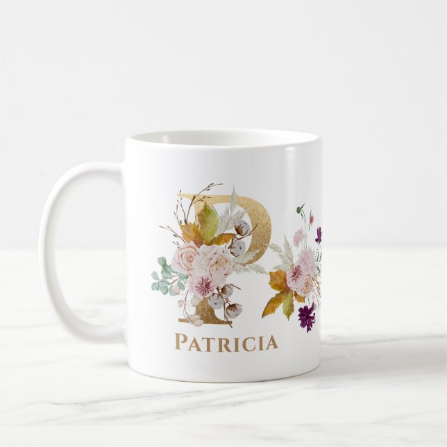 Letter P - Gold Floral Name Schwesterkollege Freun Kaffeetasse (Links)