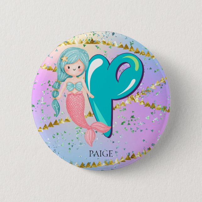 Letter P Monogram Watercolor Niedlich Mermaid Kind Button (Vorderseite)