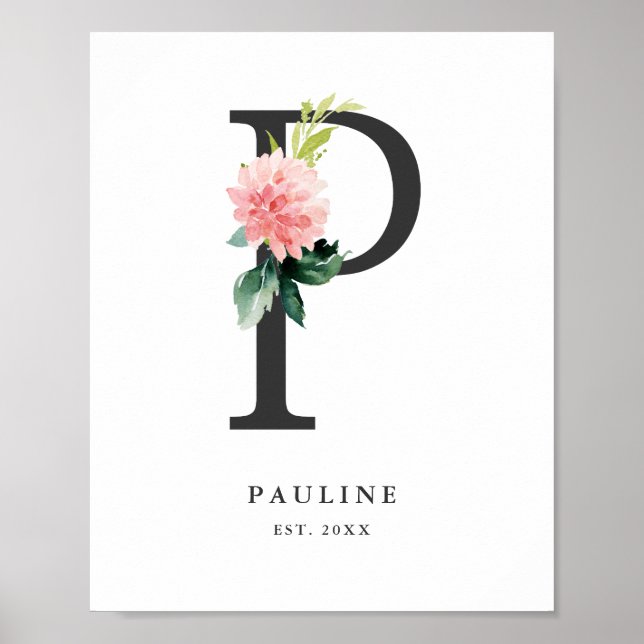 Letter P Monogram Watercolor Peach Florals Kinderz Poster (Vorne)