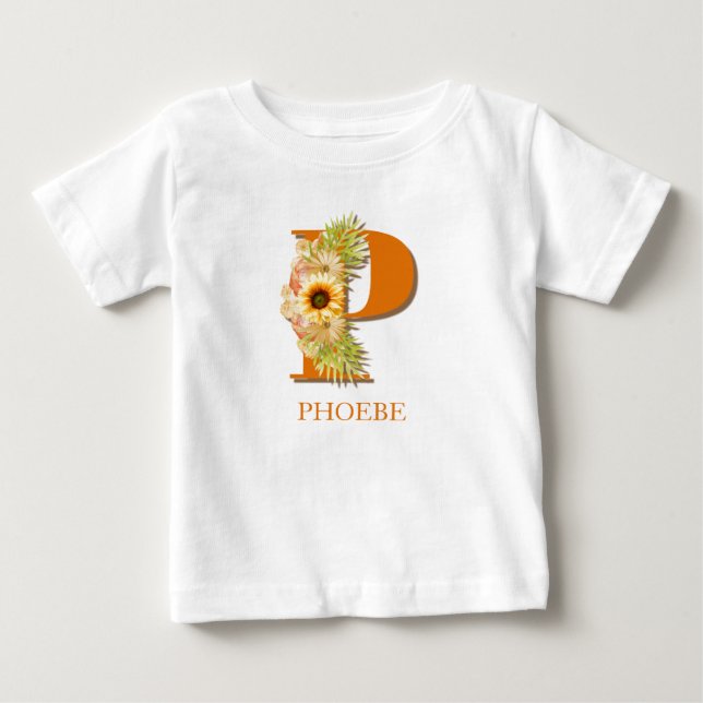 Letter P Sunflower Monogram mit Name Baby T-shirt (Vorderseite)