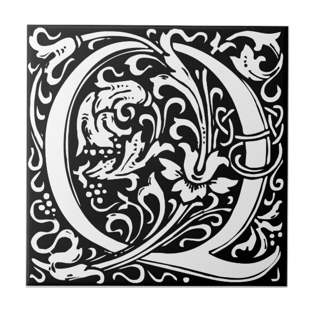 Letter Q Art Nouveau Schwarz/Weiß Tile Fliese (Vorderseite)