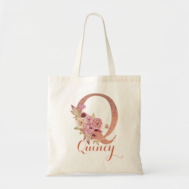 Letter Q Blush rosa Glitzer Floral Monogram Tragetasche (Vorne)