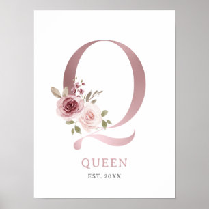 Letter Q Monogram Watercolor Rose Florals Kinderzi Poster