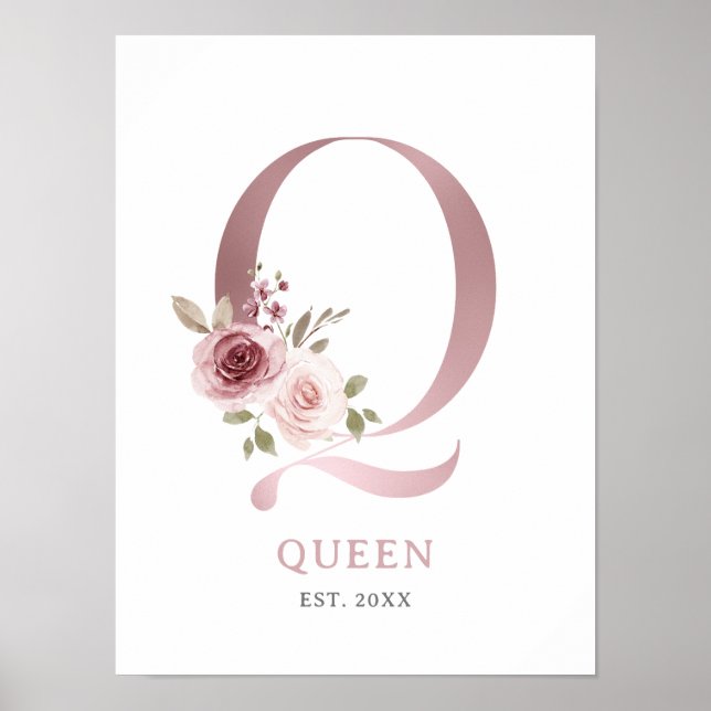 Letter Q Monogram Watercolor Rose Florals Kinderzi Poster (Vorne)
