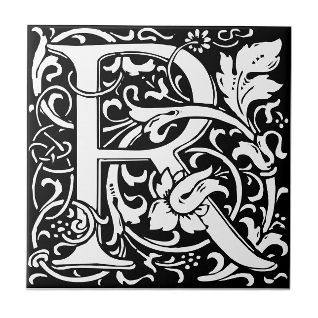 Letter R art nouveau schwarz-weiß Tile Fliese (Vorderseite)