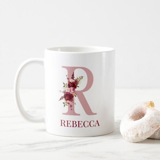 Letter R Burgundy Blush Floral Kaffeetasse (Mit Donut)