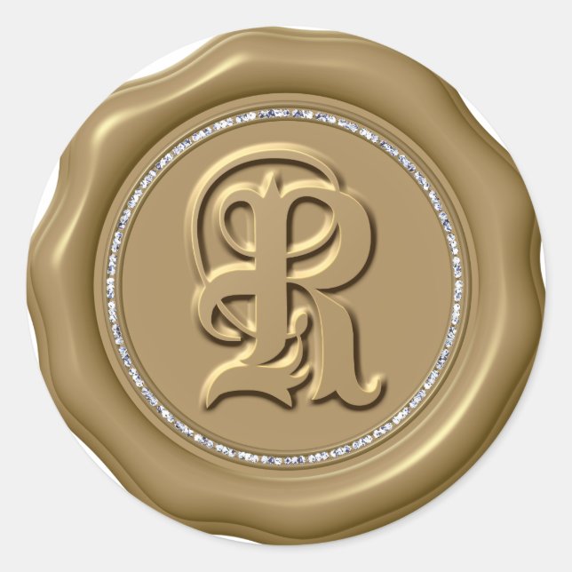 *~* Letter R Diamond Circle GOLD Wax Siegel Sticke Runder Aufkleber (Vorderseite)