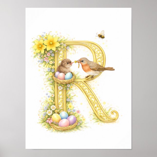 Letter R Gold Spring Nature Monogram Robins Kids  Poster (Vorne)