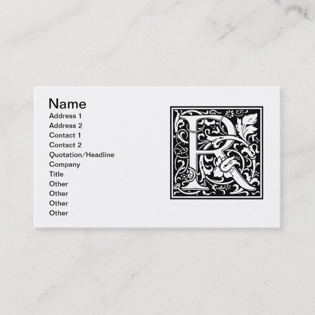 Letter R Mittelalterliche Monogram Art Nouveau Visitenkarte (Vorderseite)