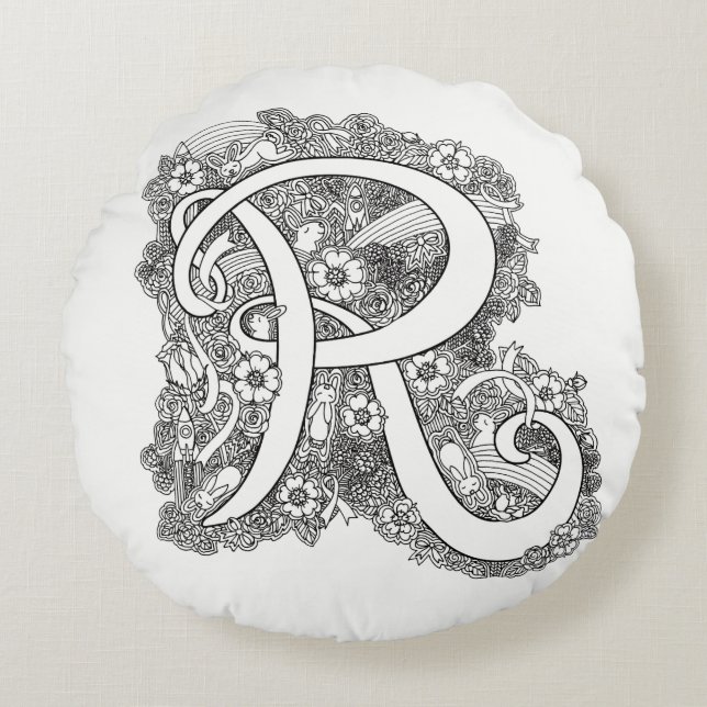 Letter R Mono-Doodle-Muster runder Kopfkissen Rundes Kissen (Vorderseite)