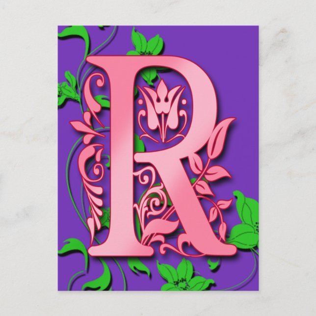 Letter R Monogram Initial on Pink Lila Cards Postkarte (Vorderseite)